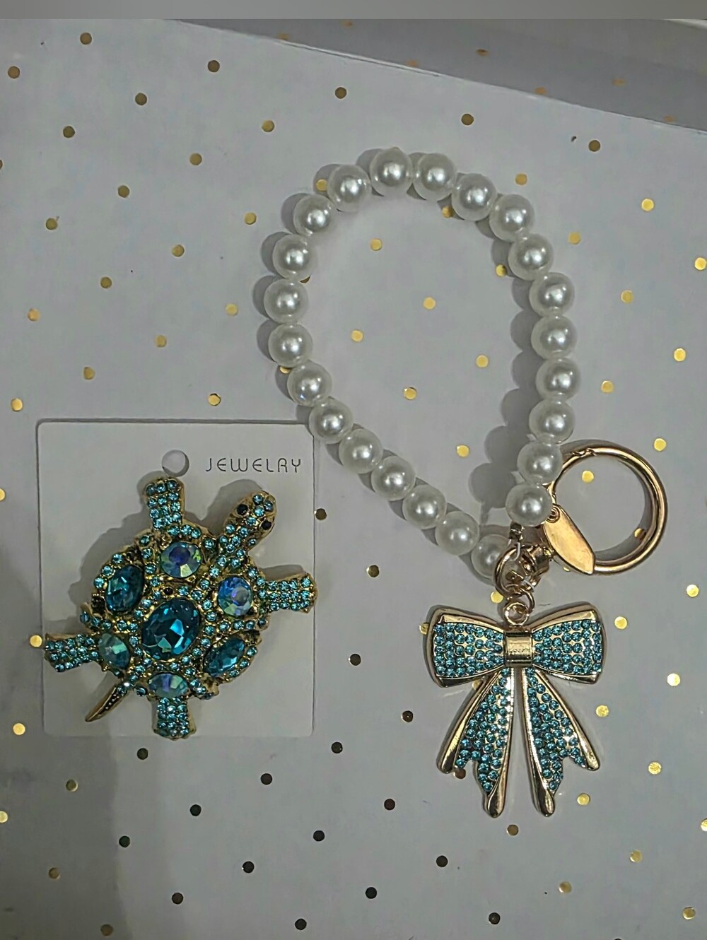Turtle Pendant Pearl Bracelet Keychain with Aqua Crystal Bow Charm 2pc Set